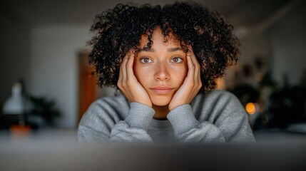 laptop reflection face eyes wide notifications social media email screen home office morning daylight neutral background