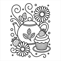 Teapot with Cupcake and Flowers Coloring Page Vector for Adults and Kids