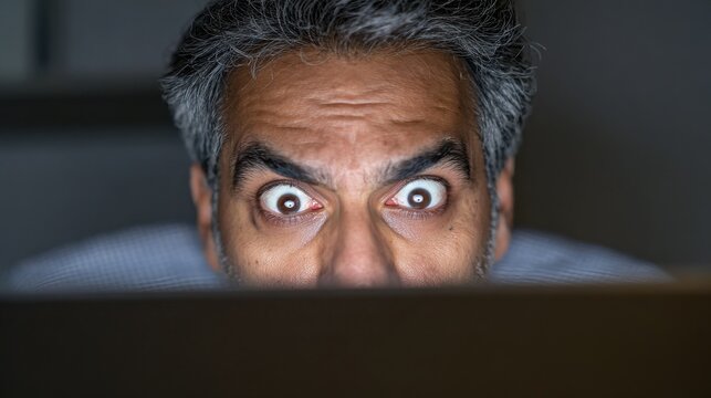 laptop reflection face eyes wide notifications social media email screen latenight office darkmode cool lamp neutral