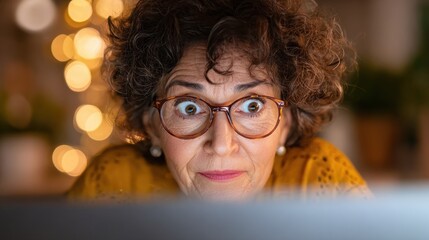 laptop reflection face eyes wide notifications social media email screen warm home cozy evening neutral background