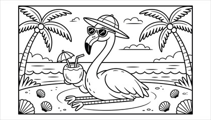 Flamingo Beach Coloring Page Vector  Summer Vacation Tropical Illustration
