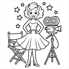 Hollywood Actress Retro Coloring Page Vector Vintage Movie Star Illustration for Kids