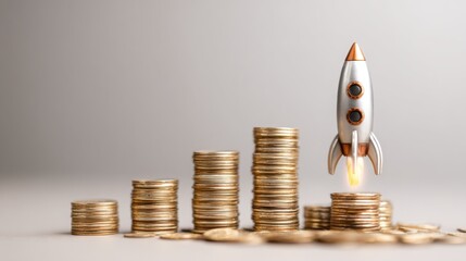 A silver rocket is launching above stacks of coins, symbolizing financial growth and investment opportunities.