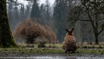 A rabbit sits in a grassy field during a light rain.