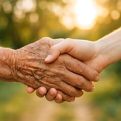 Fototapeta premium Young handshakes warmly with older generation's, expressing care and familial bond outdoors.