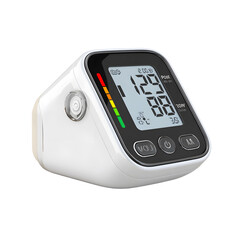 Digital Blood Pressure Monitor Displaying Systolic and Diastolic Readings with ColorCoded Indicator.