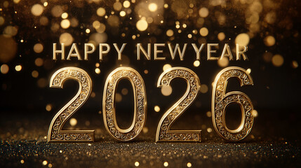 Golden 3D number 2026 sparkling on a glittery background with brilliant bokeh lights, celebrating a luxurious and festive Happy New Year