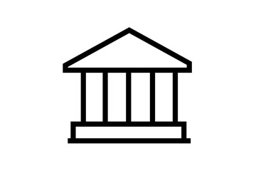 The image shows a simple black outline icon of a classical building with a triangular roof (pediment) supported by five vertical columns on a rectangular base.