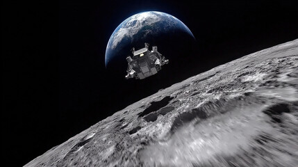 dust plume rising as autonomous lunar lander touches regolith near crater rim Earth rising over horizon high resolution photoreal rendering illustration concept scene visual for commercial design use