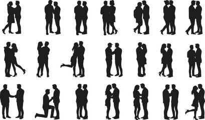 Silhouette couples in love, romantic poses, LGBT relationships, man and woman affection, emotional moments, unity, connection, proposal, romance, bond