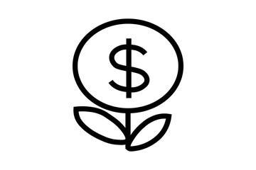 Obraz premium The image shows a black outline icon of a plant with two leaves and a stem growing into a circle containing a dollar sign ($)