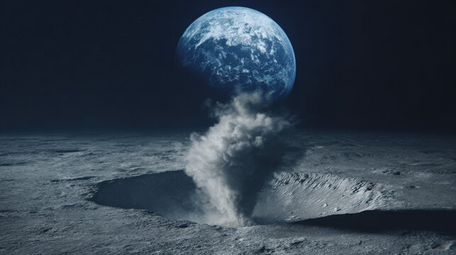 dust plume rising as autonomous lunar lander touches regolith near crater rim Earth rising over horizon high resolution photoreal rendering illustration concept scene visual for commercial design use