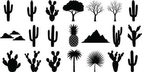 Silhouette collection of various cacti, desert trees, palm trees, mountain, pineapple, and clouds, isolated black shapes on white background