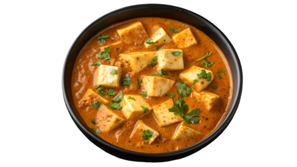 Delicious Paneer Butter Masala Indian Cottage Cheese Curry Dish in a Black Bowl Against Dark Background Close Up