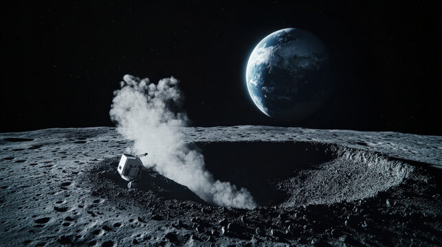 dust plume rising as autonomous lunar lander touches regolith near crater rim Earth rising over horizon high resolution photoreal rendering illustration concept scene visual for commercial design use
