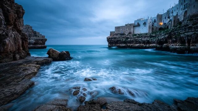 Dramatic coastal waves hitting rocky cliffs near Polignano a Mare town in cinematic view &ndash; Video 4K UHD 60fps