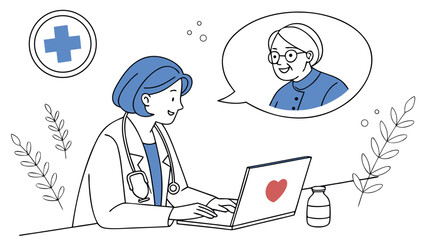 Illustration of doctor providing online consultation with elderly patient on laptop
