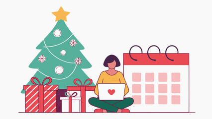 Christmas tree gifts and brunette woman working on laptop with heart icon in simple style