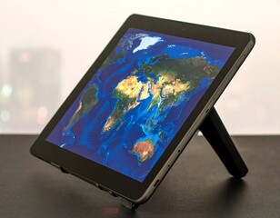 Tablet displaying world map on a stand