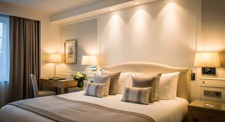Elegant and Inviting Hotel Room Interior with Warm Lighting