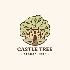Castle tree logo with vintage enchanted charm, symbolizing strength, growth, and timeless fantasy.