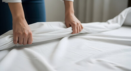 Professional Hands Making a Bed in a Clean Hotel Room, Tidying White Sheets for Guest Comfort
