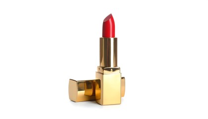 Red lipstick in gold case, slightly open, isolated on white background