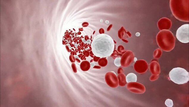 A photorealistic 3D medical animation that takes the viewer on a dynamic journey inside a translucent human artery. The scene is filled with millions of accurately modeled