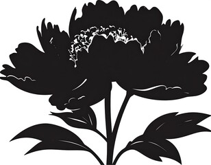 Obraz premium Black and white silhouette of a peony flower with stem and leaves