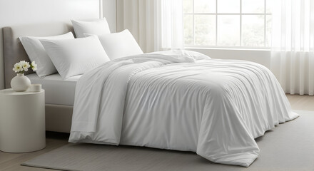 Luxurious and Clean Hotel Bedroom with Crisp White Linens and Bright Window Light