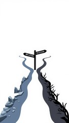 Two roads diverging signpost showing opposite directions of life and death