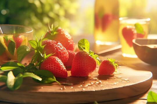 Close-up of rustic wooden board with fresh strawberries in bowl, glass of iced lemonade, and mint sprig