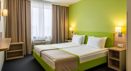 Bright and Modern Hotel Twin Bedroom with Green and White Decor