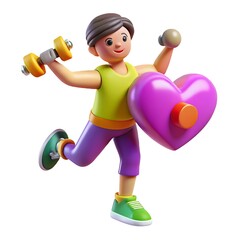 Obraz premium Cartoon character exercising with dumbbells and a heart symbol
