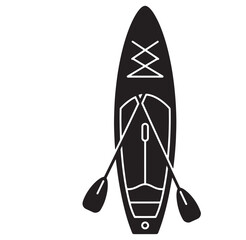 Black and white flat design illustration of a kayak with paddles isolated on white background