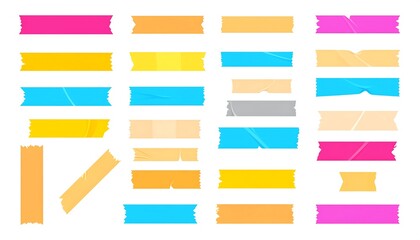 Collection of colorful adhesive tape pieces, various shapes and tears, isolated on white