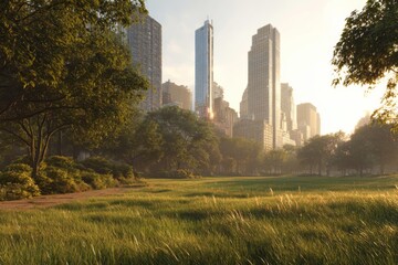 Fototapeta premium Lush green city park surrounded by tall skyscrapers, symbolizing balance between urban development and nature.