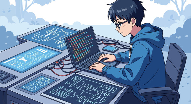 Focused anime coder immersed in digital development on a futuristic interface