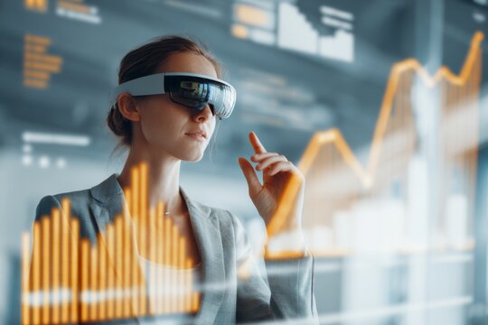 Businesswoman using augmented reality glasses to view interactive digital data and analytics in real time.