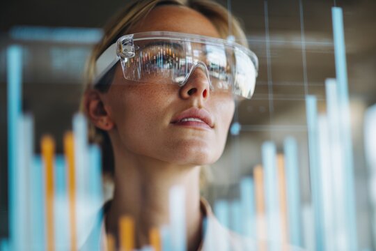 Businesswoman using augmented reality glasses to view interactive digital data and analytics in real time.