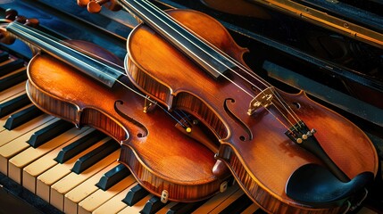 Fototapeta premium Elegant arrangement of classical instruments, violin and piano keys glowing with timeless musical charm.