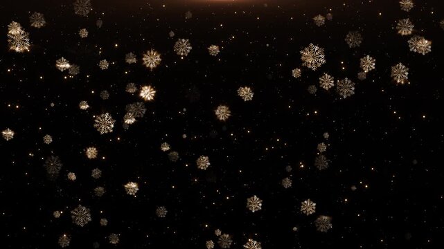 Falling glow gold snowflake on black background animation. gold snowflakes animation for winter snow, New year background. 2024, 2025 New year, merry christmas, Holiday, winter, New Year, snowflake
