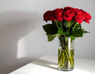 Red roses bouquet in vase on table