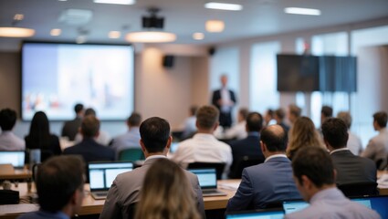 Fototapeta premium Confident businessman giving a presentation in front of crowd in meeting conference seminar room. Leadership authority teamwork in business concept