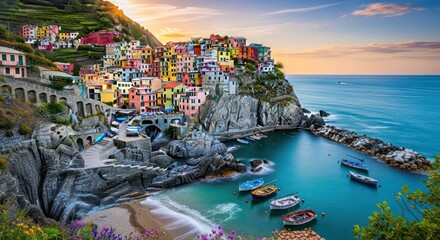 Manarola's Colorful Cliffside Village at Sunset, Cinque Terre, Italy
