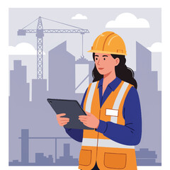 A professional female engineer in a hard hat and safety vest holds a tablet, overseeing a modern urban construction site.