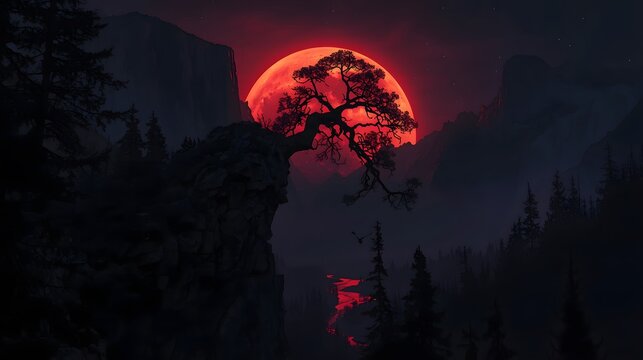 Dark fantasy landscape with a glowing blood moon over mountains, a fiery river flowing through the valley, and silhouettes of trees and birds in the night sky.