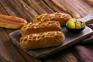 Hot Dog on Wooden Background – Classic American Fast Food Snack