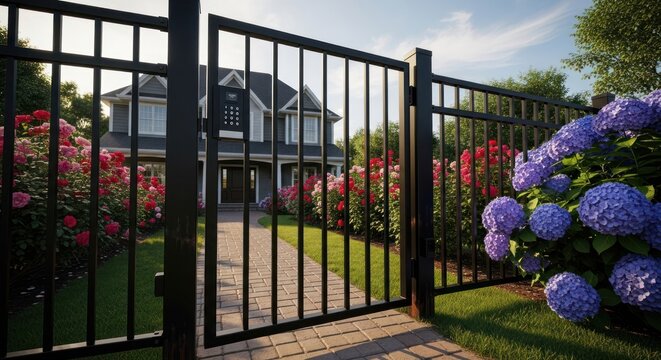 Modern home with vibrant flowers behind a black metal gate
