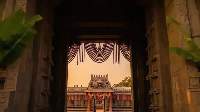 Festive ayyappa convention entrance ornate architecture and cultural garlands for a global celebration of tradition faith and community